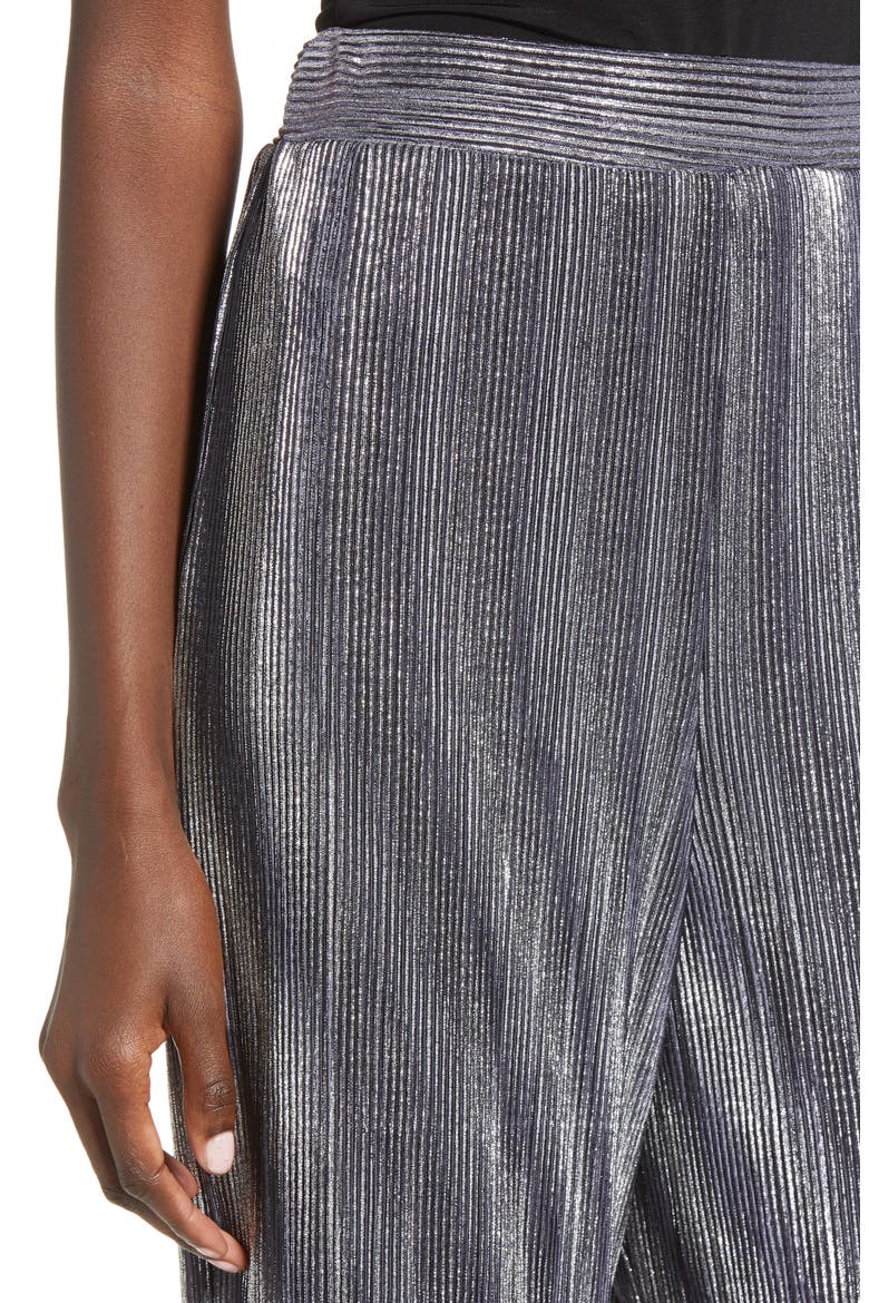 Metallic Mini Pleat Gaucho Crop Pants, Alternate, color, SILVER