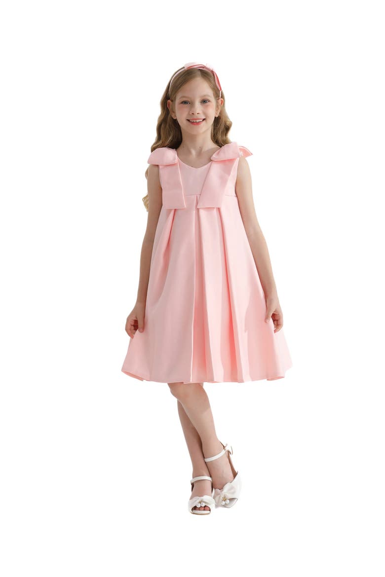 Palermo Satin Bow Pleated Dress, Alternate, color, Pink