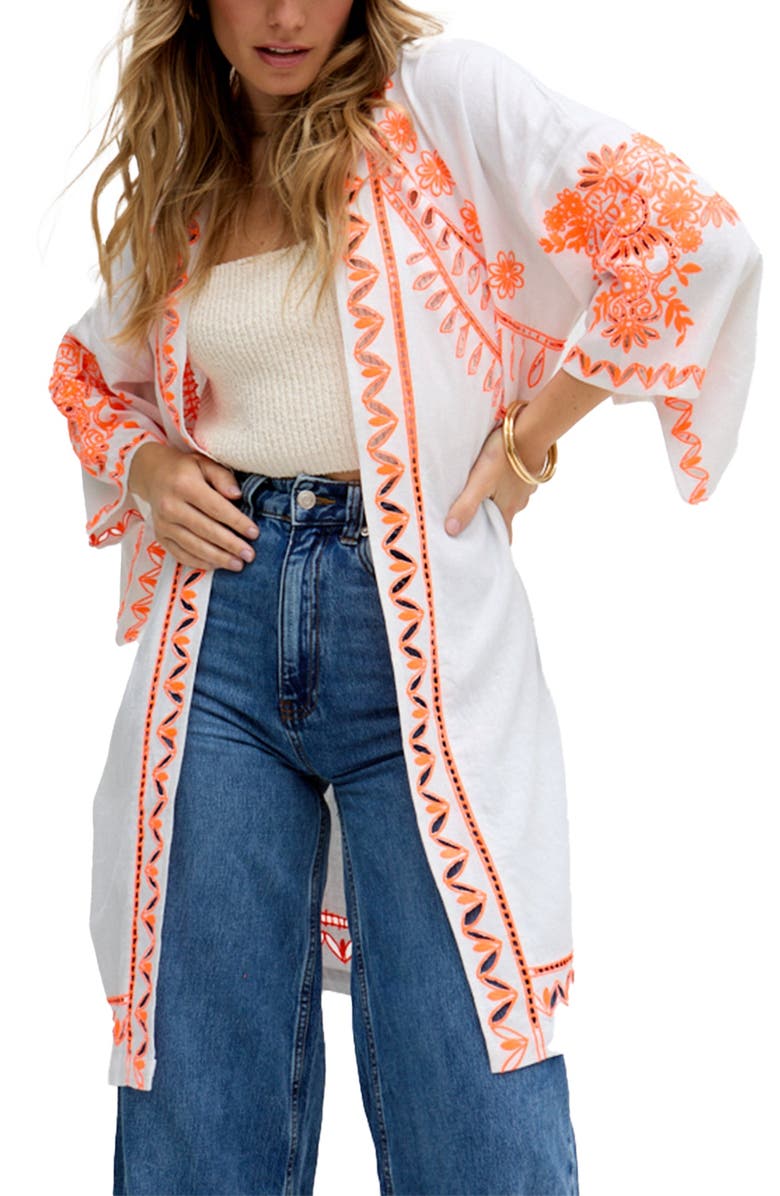 Raffya Lupe Edge To Edge Embroidered Kimono, Main, color, White