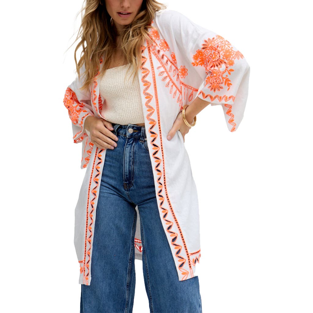 Raffya Lupe Edge To Edge Embroidered Kimono In White