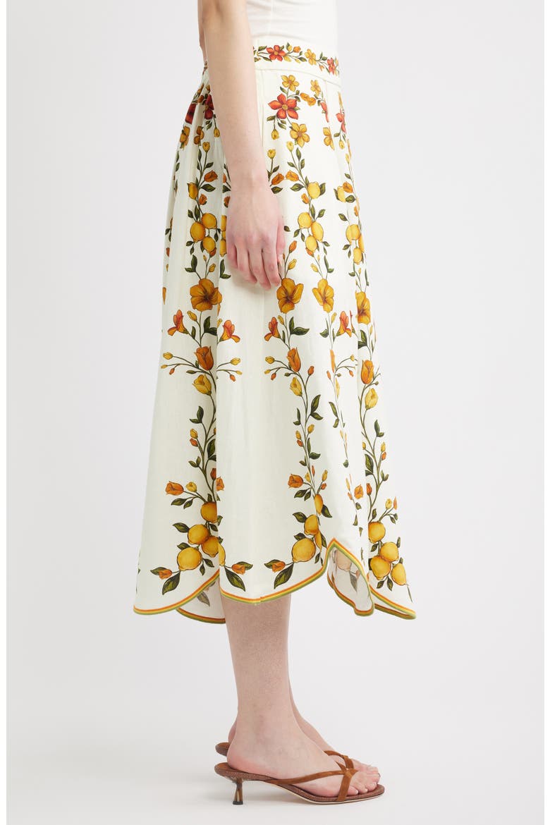 Lemon Bouquet Floral Linen Blend Midi Skirt, Alternate, color, LEMON BOUQUET OFF-WHITE