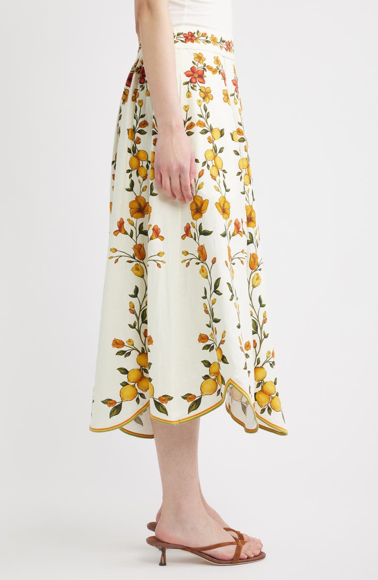 FARM Rio Lemon Bouquet Floral Linen Blend Midi Skirt, Alternate, color, Lemon Bouquet Off-White