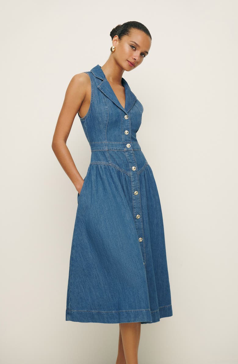 Reformation Ellison Sleeveless Button-Front Denim Midi Dress, Alternate, color, 