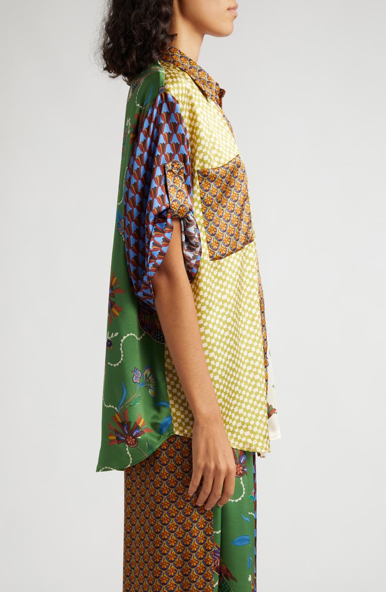 ALEMAIS Birdie Spliced Silk Button-Up Shirt, Alternate, color,