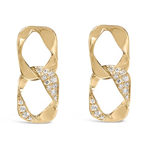 14K Yellow Gold Plated Silver Open Link 1/5 Cttw Diamond Drop Earrings