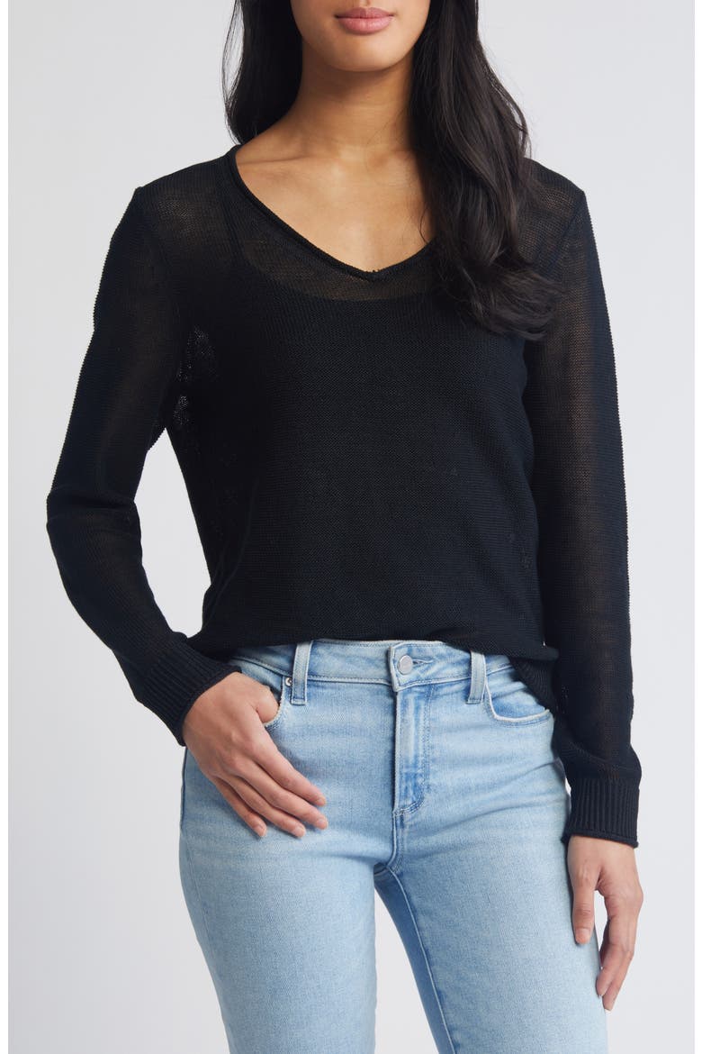 Cedar V-Neck Linen Sweater, Main, color, BLACK