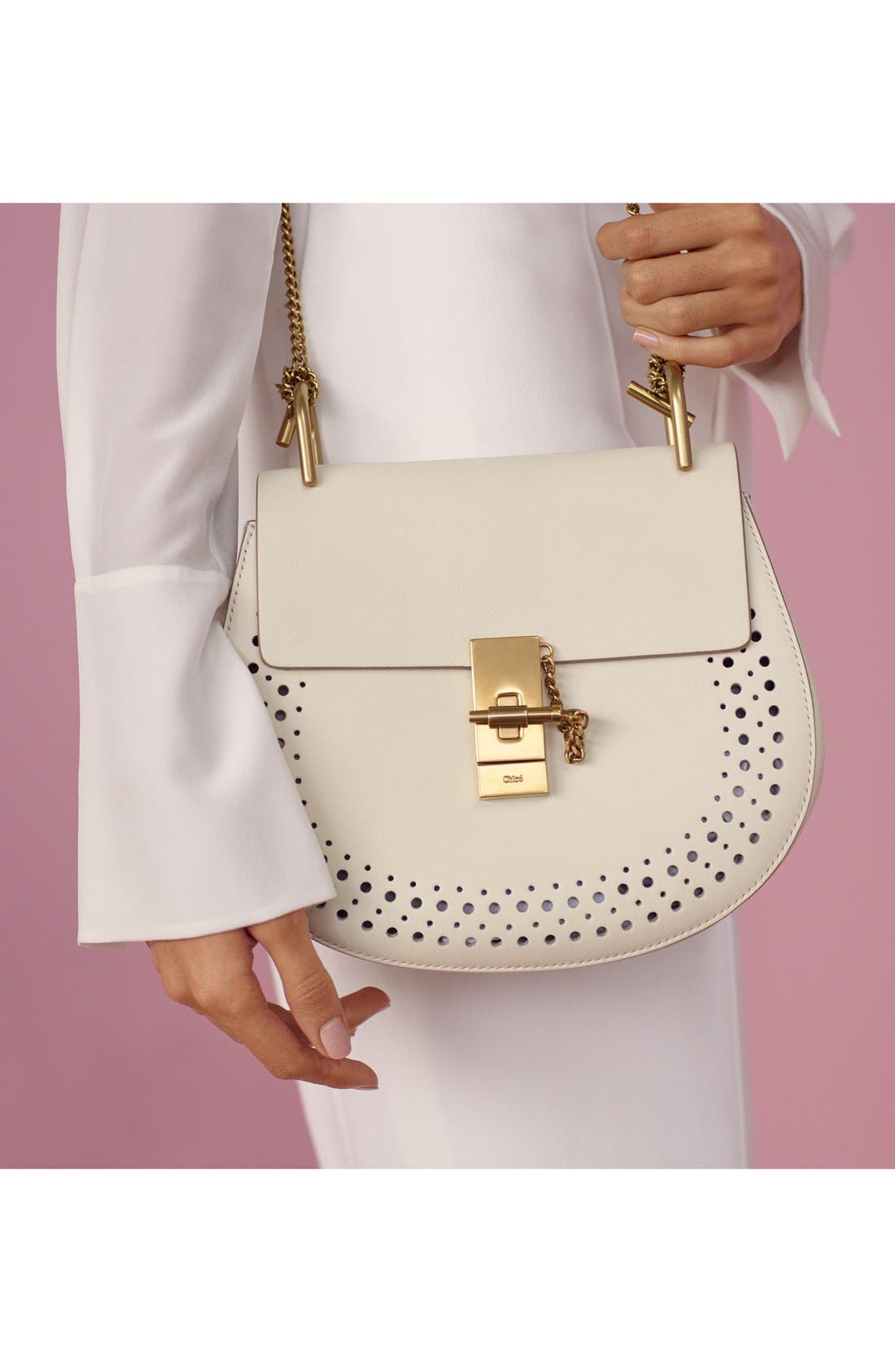 'Mini Drew' Calfskin Leather Shoulder Bag, Alternate, color, LACE WHITE
