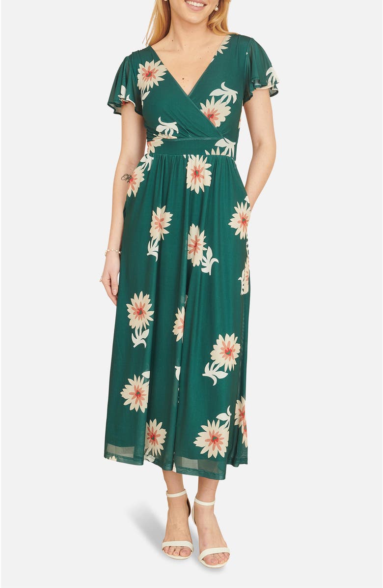 Yumi Mesh Flower With Pockets Wrap Midi Dress, Alternate, color, Green