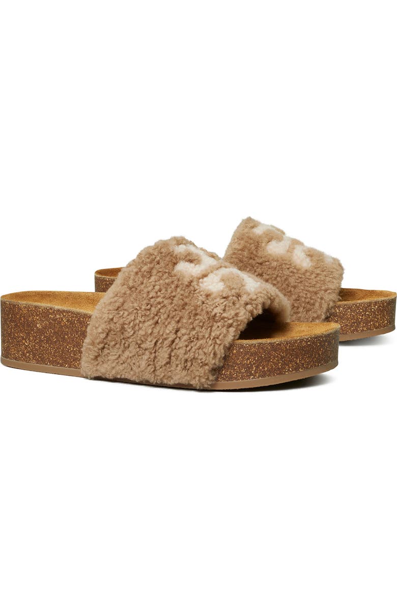 Tory Burch Double T Genuine Shearling Platform Slide Sandal, Main, color,
