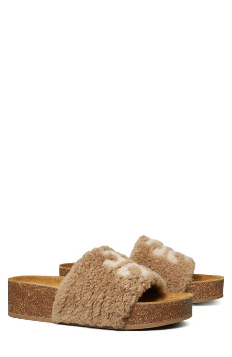Double T Genuine Shearling Platform Slide Sandal (Women)