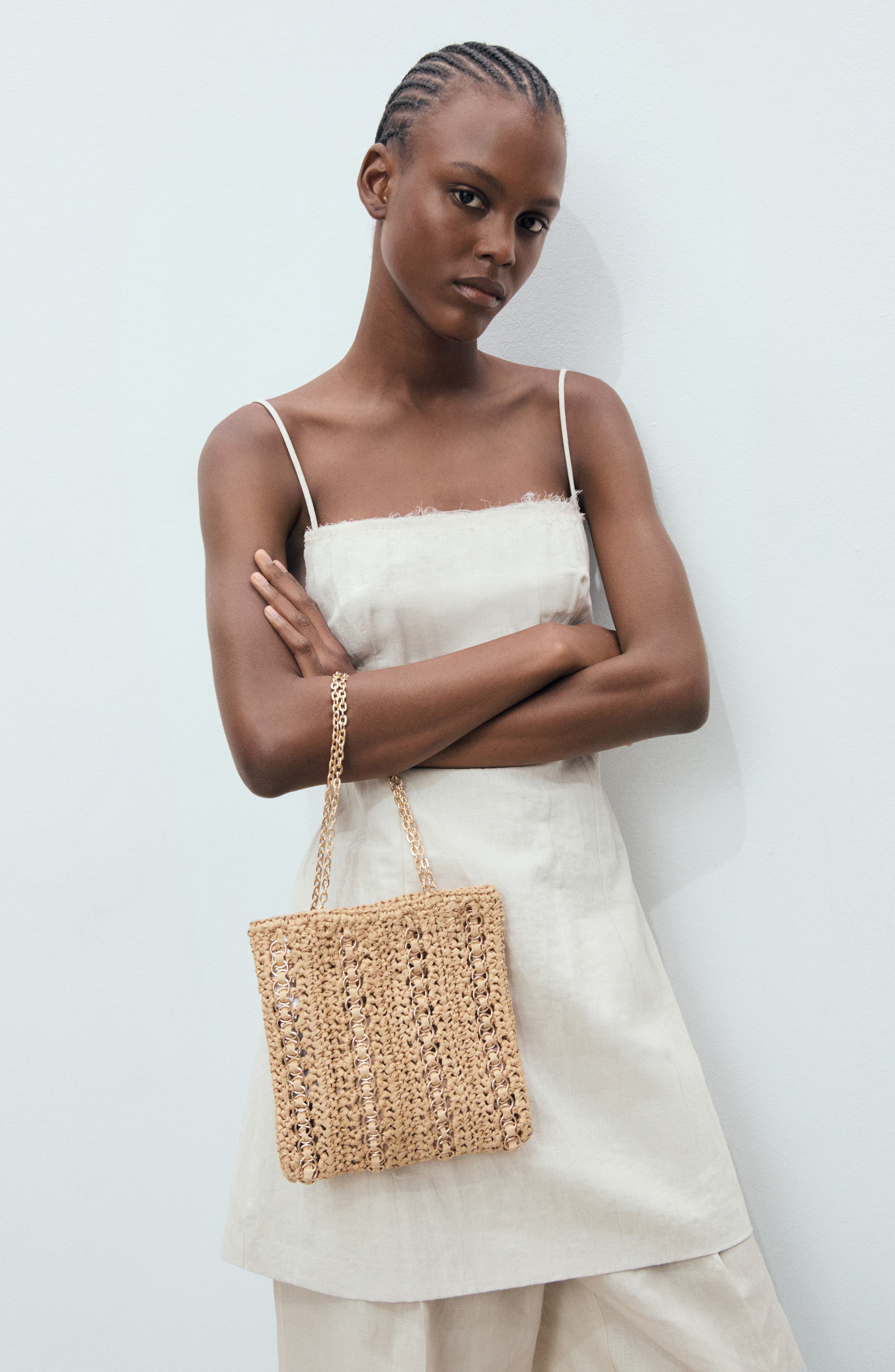 MANGO Ring Embellished Woven Straw Tote, Alternate, color, Beige