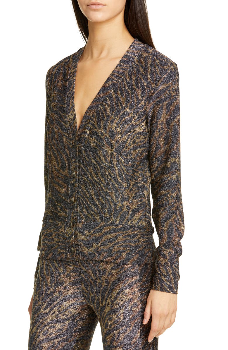 Ganni Tiger Print Metallic Jersey Cardigan, Alternate, color, 