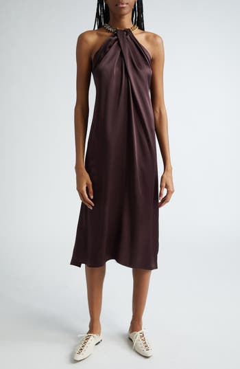 Stella Mccartney Chain Detail Satin Halter Dress In Brown