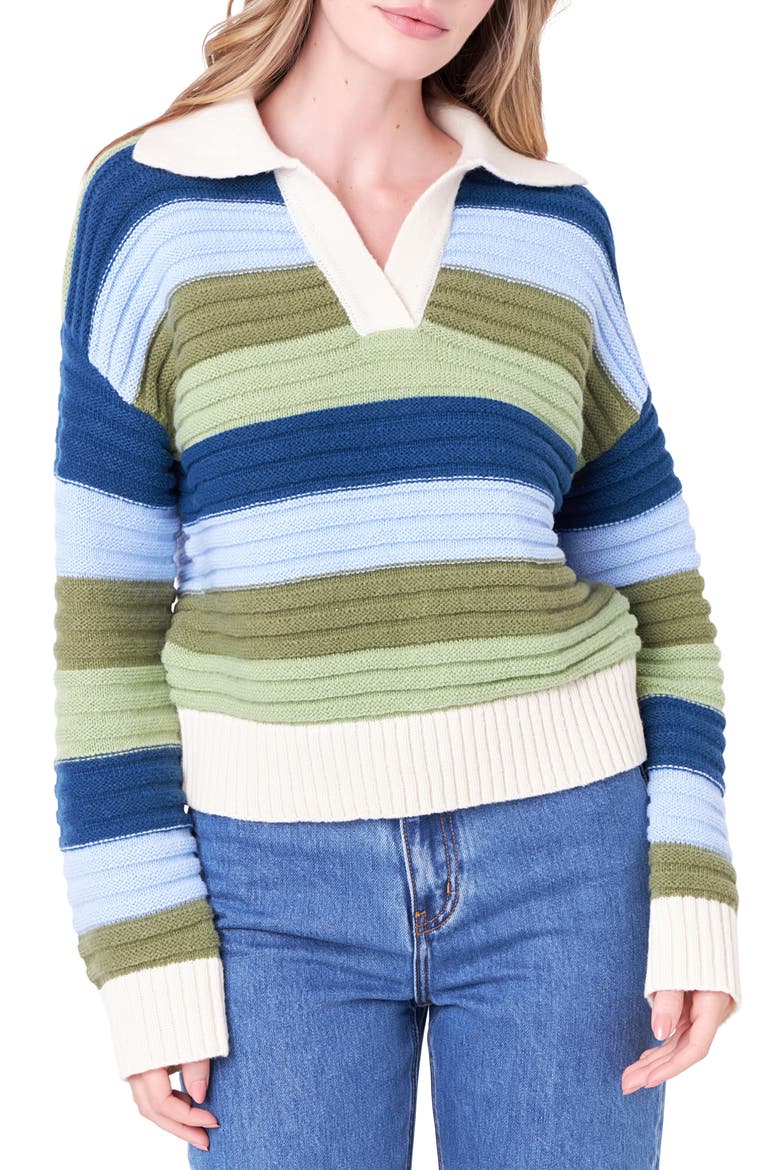 Rainbow Stripe Polo Sweater, Main, color, GREEN MULTI
