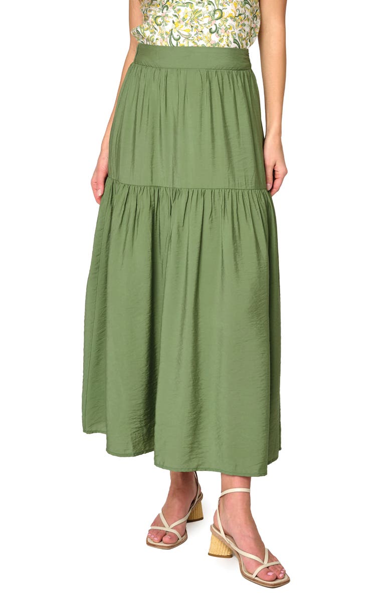 GIBSONLOOK Playa Floral Tiered High Waist Maxi Skirt, Main, color, Vineyard Green