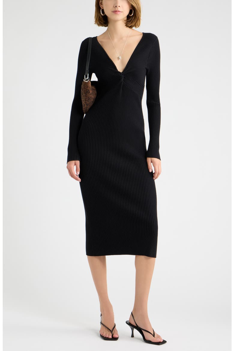 Knot Front Long Sleeve Sweater Dress, Alternate, color, BLACK