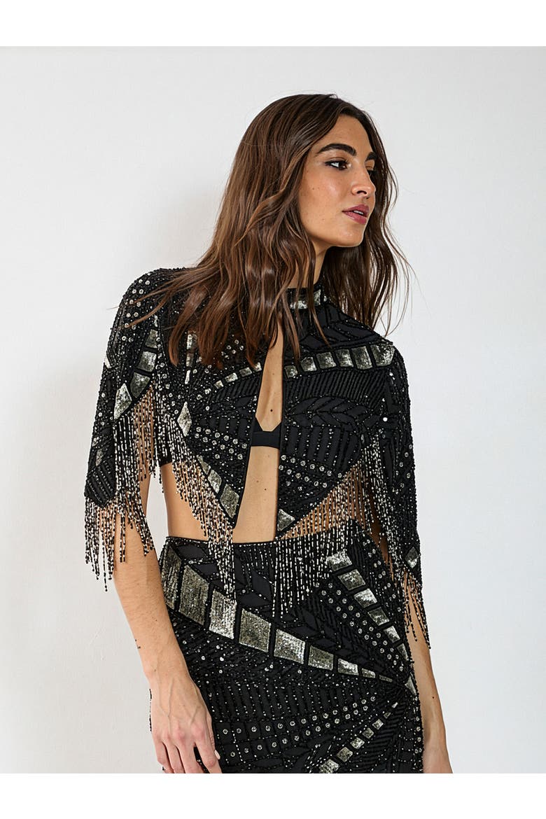 Panelled Sequin Tassel Cape, Main, color, Black