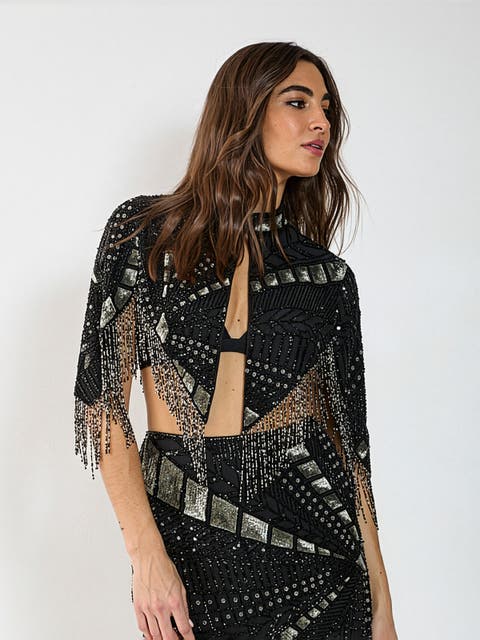 Panelled Sequin Tassel Cape