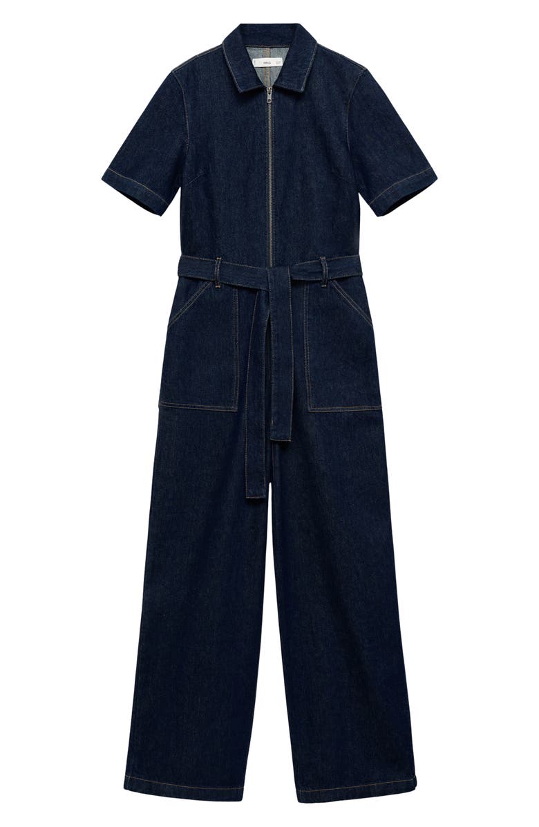 MANGO Belted Wide Leg Denim Jumpsuit, Alternate, color, 