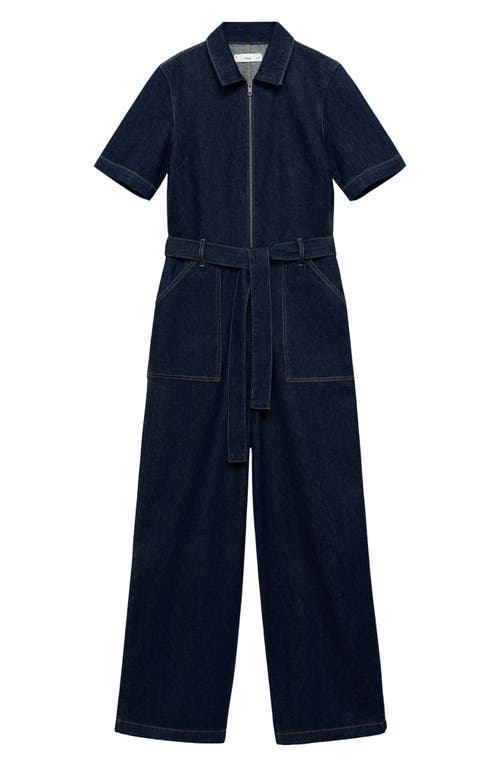 Shop Mango Belted Wide Leg Denim Jumpsuit In Open Blue