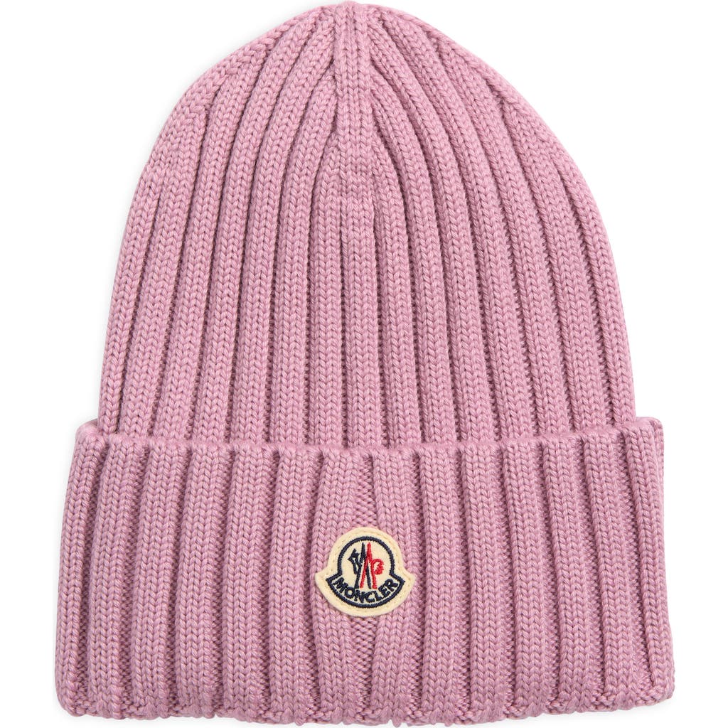 Moncler Logo Patch Rib Wool Beanie in Pink at Nordstrom