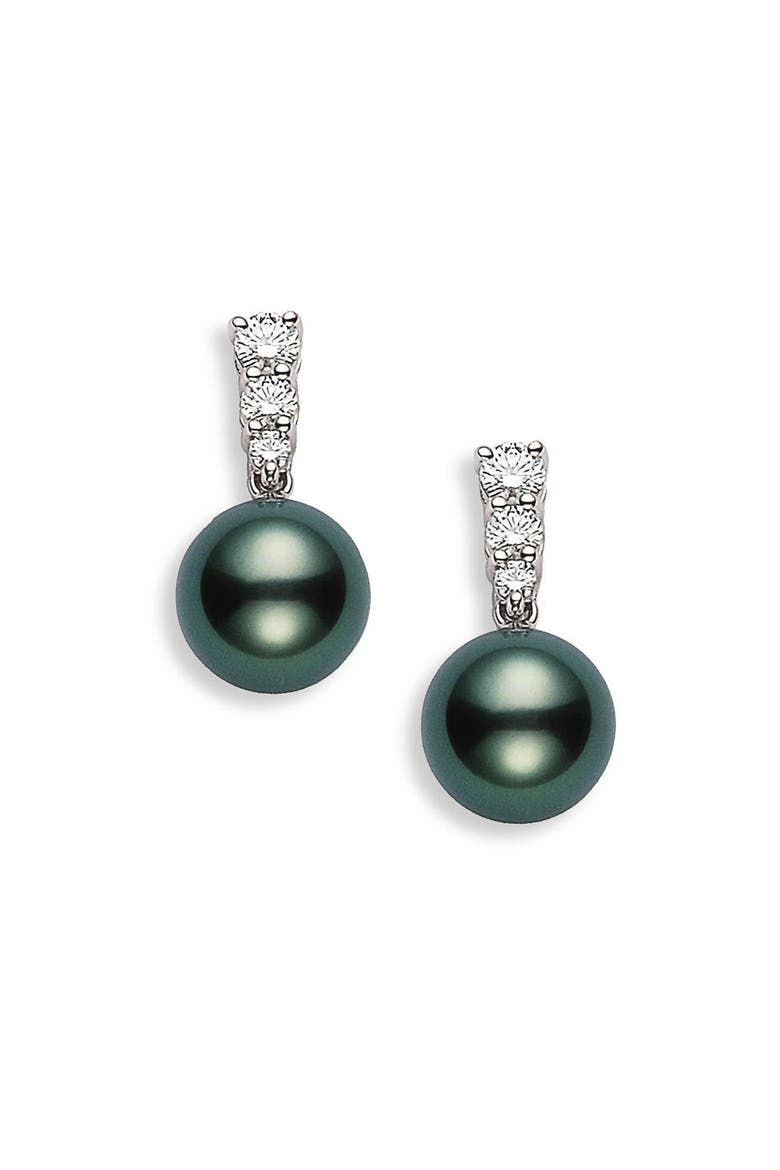 'Morning Dew' Black South Sea Cultured Pearl & Diamond Earrings, Alternate, color, WHITE GOLD