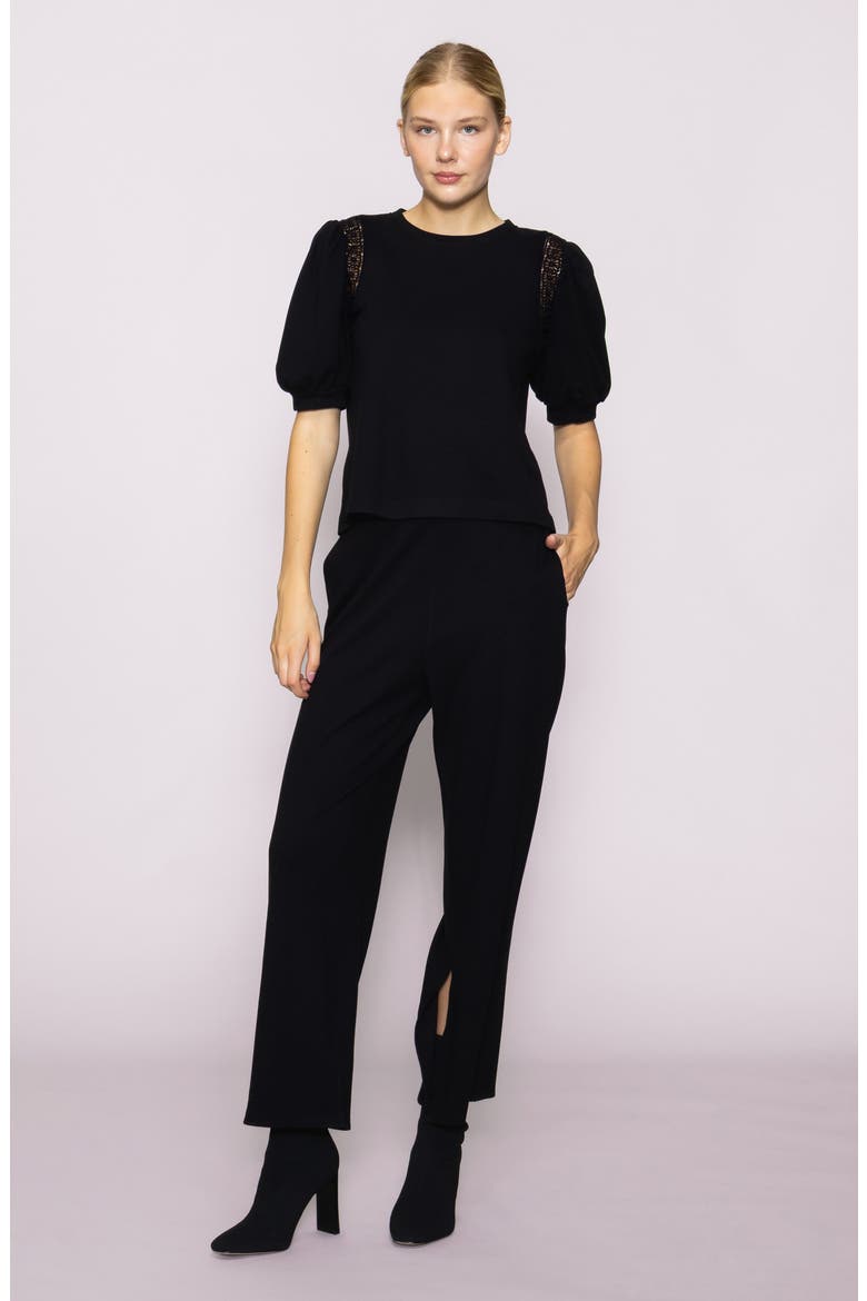 Lace Inset Puff Sleeve Top, Alternate, color, BLACK