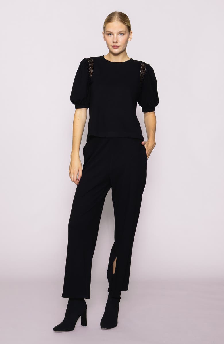 MELLODAY Lace Inset Puff Sleeve Top, Alternate, color, Black