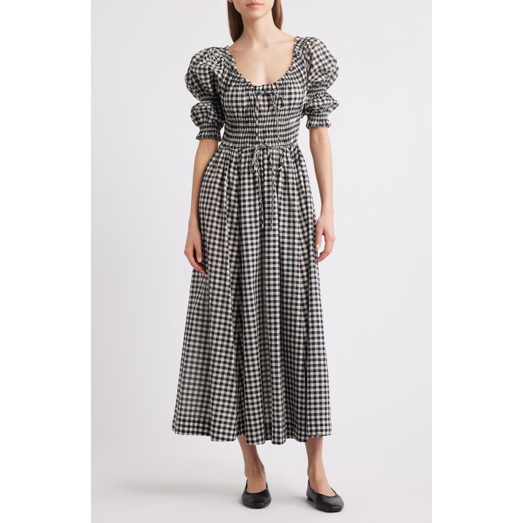 Doen Ischia Shirred Gingham Cotton-voile Midi Dress In Gray