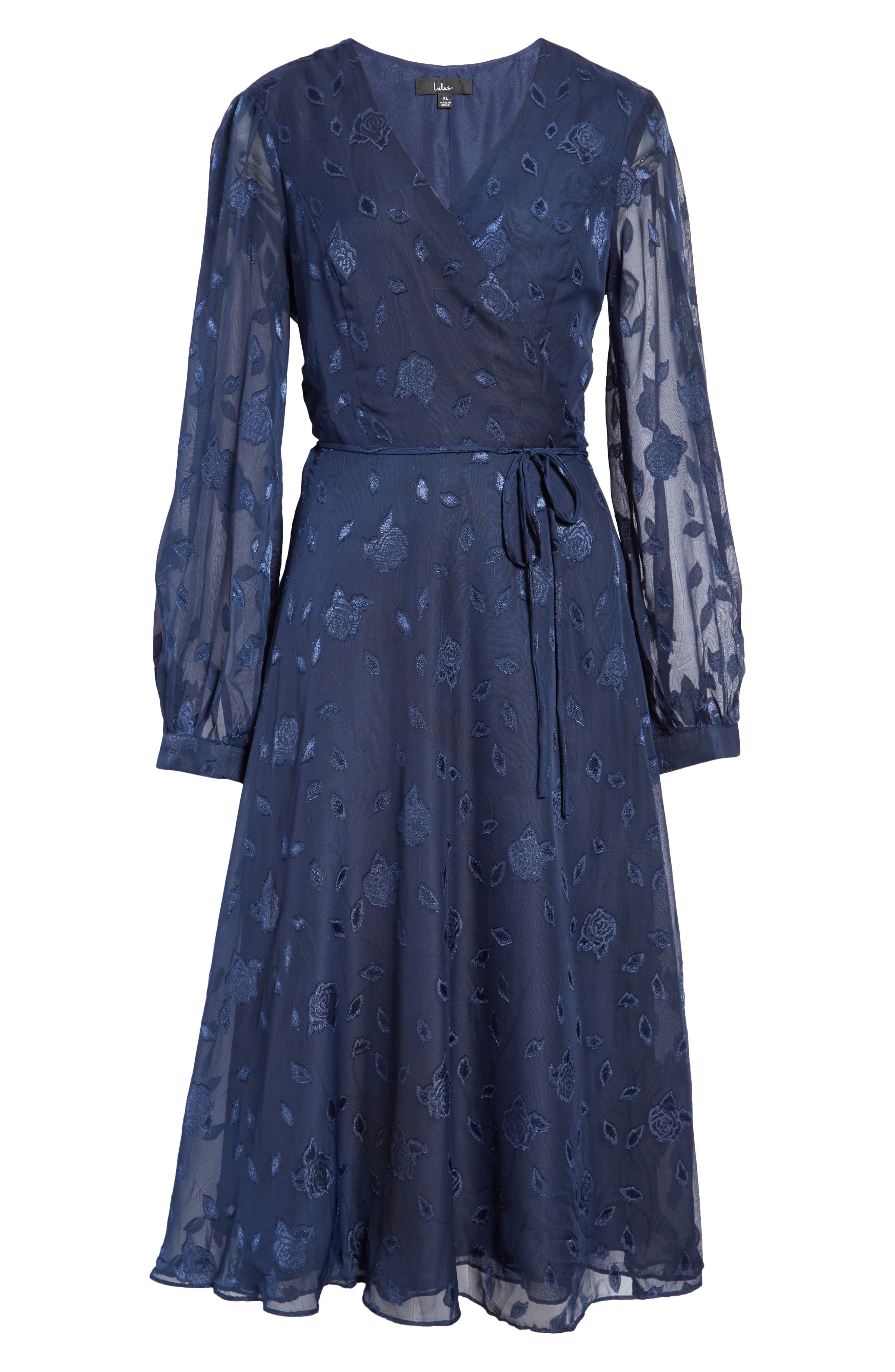 evening of elegance navy blue floral jacquard wrap midi dress Lulus Long Sleeve (Women) Asymmetric neckline wedding dress All Holiday Waist Size:34W Floor length