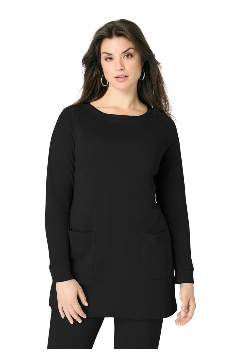 Roaman's Snap Button Boatneck Soft Knit Tunic, Main, color, Black