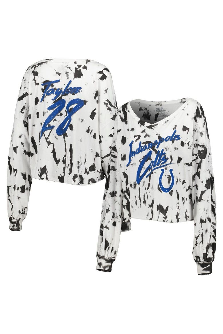 Women's Majestic Threads Jonathan Taylor White Indianapolis Colts Off-Shoulder Tie-Dye Name & Number Cropped Long Sleeve V-Neck T-Shirt, Main, color, White