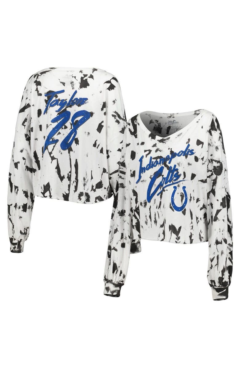 Majestic Threads Women's Majestic Threads Jonathan Taylor White Indianapolis Colts Off-Shoulder Tie-Dye Name & Number Cropped Long Sleeve V-Neck T-Shirt, Main, color, White