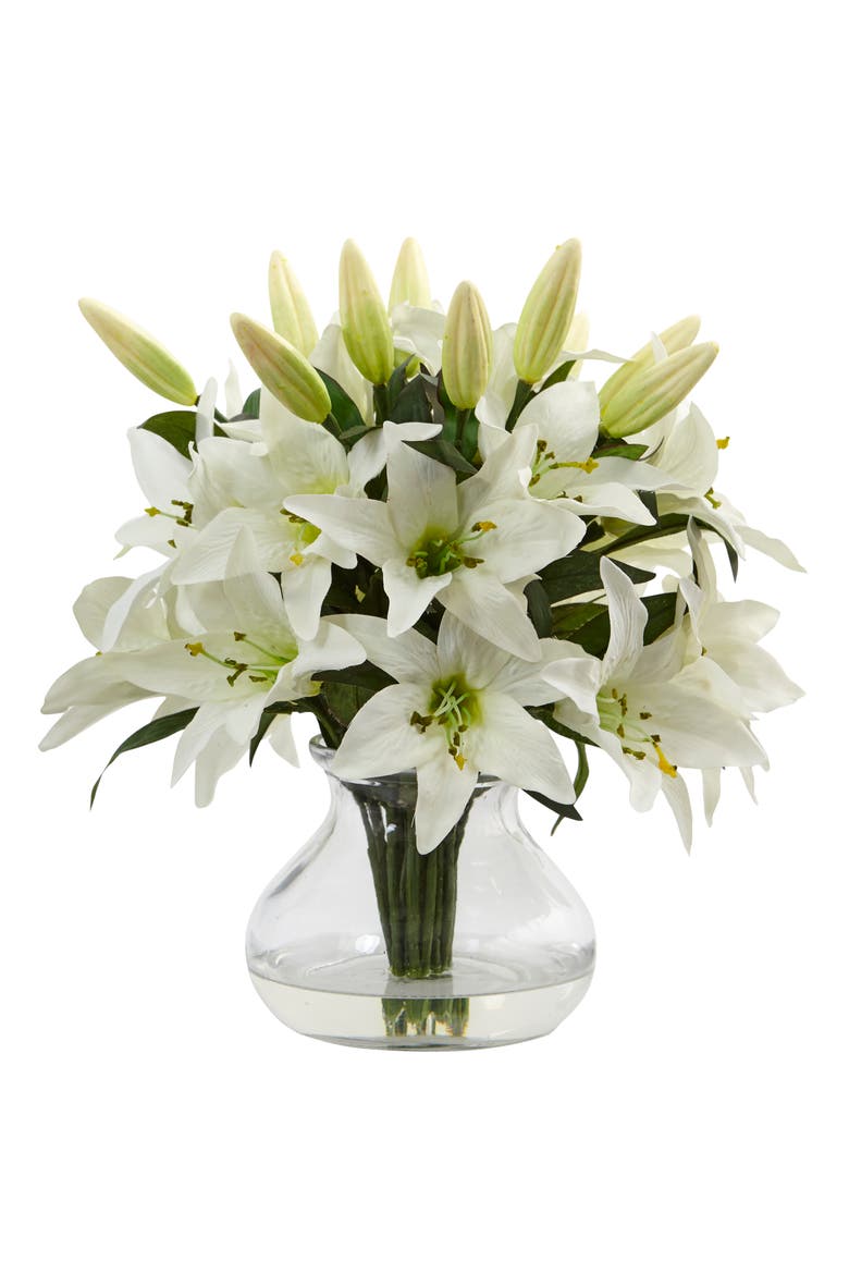 13.5-in Lily Artificial Arrangement with Glass Vase, Main, color, White
