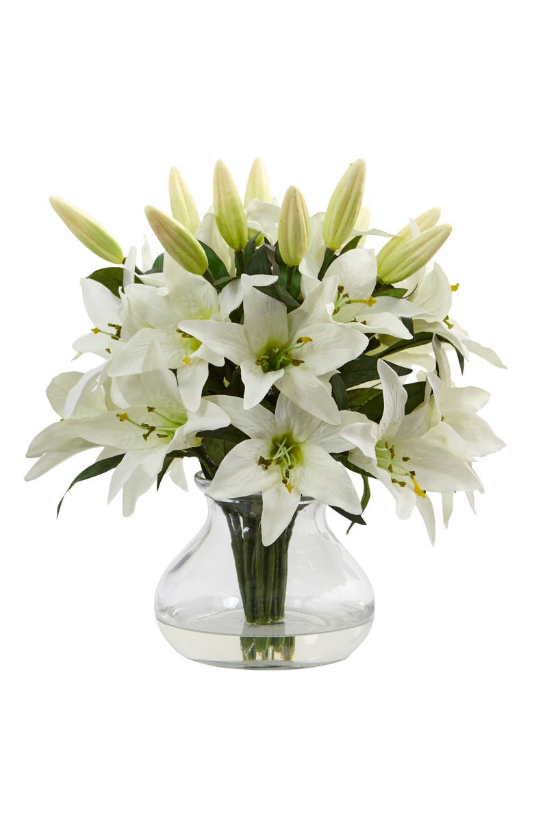 NEARLY NATURAL 13.5-in Lily Artificial Arrangement with Glass Vase, Main, color, White