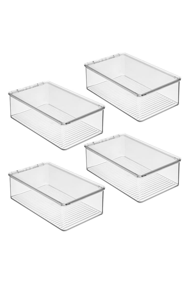 Stackable Plastic Shoe Box with Hinged-Lid for Sneakers, Sandals, and Flats, Set of 4, Clear, Main, color, Clear
