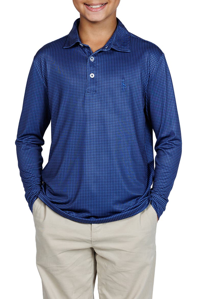 Kids' Mini Houndstooth Print Long Sleeve Performance Polo, Main, color, COBALT BLUE