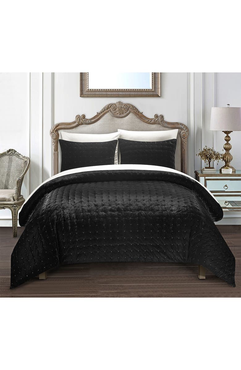 CHIC Chaya Rich Quilted Hand-Stitched Velvet King Comforter Set - Black, Alternate, color, 