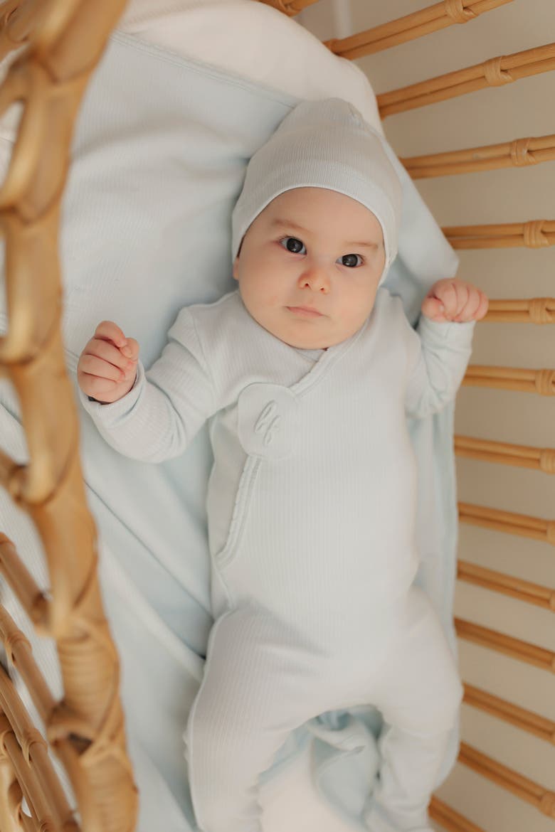 Soft Modal Rib Wrap Front Romper and Hat Set, Alternate, color, Misty Blue