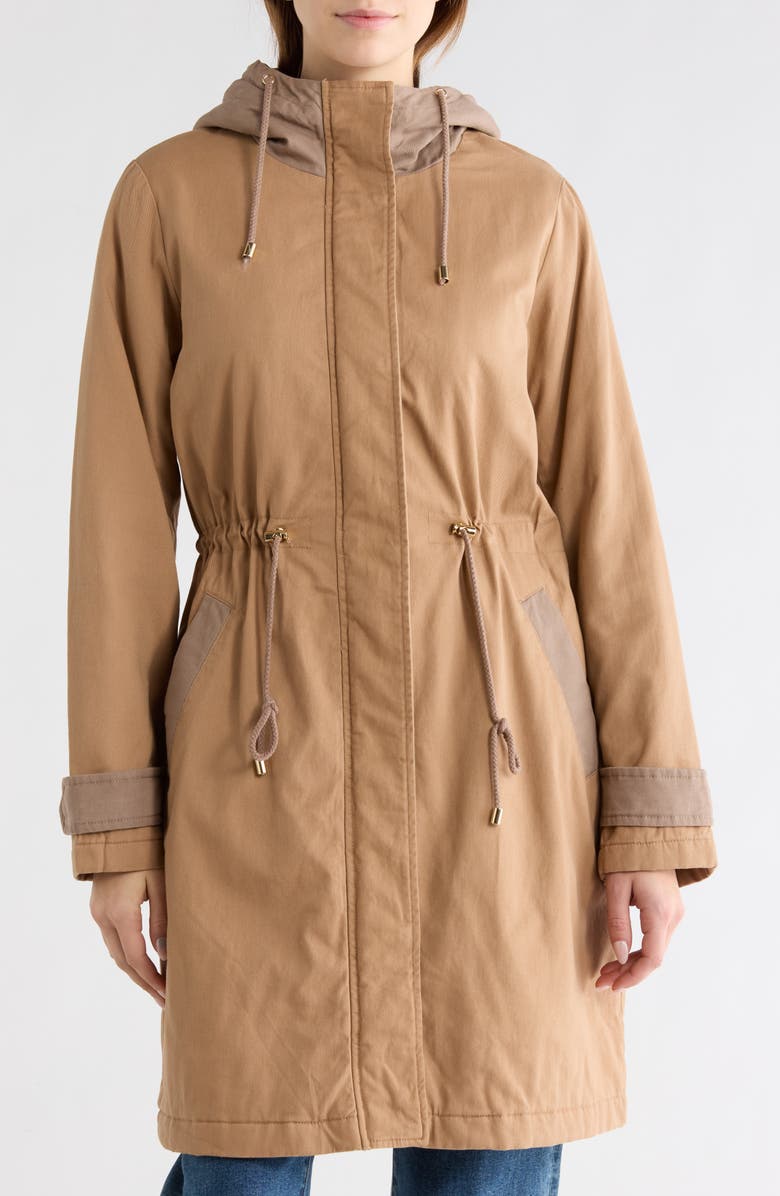 Bernardo Waterproof Hooded Raincoat, Main, color, Dark Camel