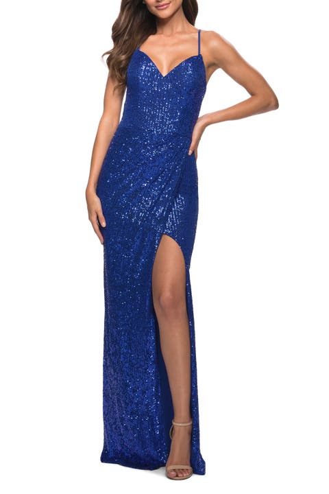 Long Sequin Prom Dress with Open Lace Up Back