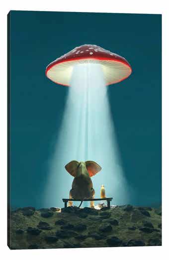 iCanvas Elephant And Dog Look At A Flying Mushroom by Mike Kiev Canvas Wall Art