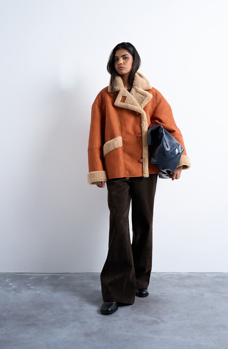 Topshop Faux Shearling Oversize Car Coat, Alternate, color, Tan Multi