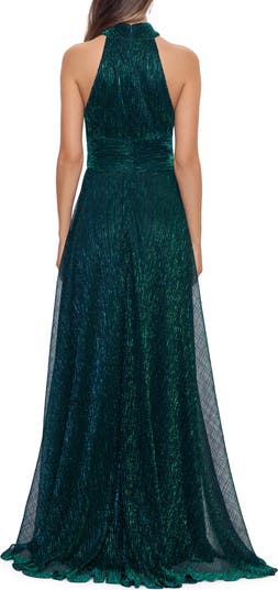 Halter Mock Neck Crinkle Faux Wrap Gown