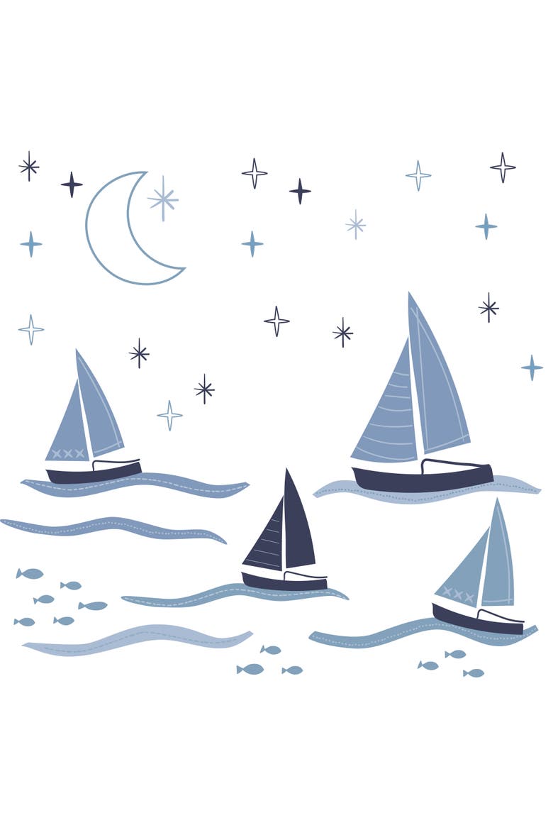 Little Skipper Nautical Sailboat, Moon & Stars Wall Decals/Stickers, Main, color, Blue