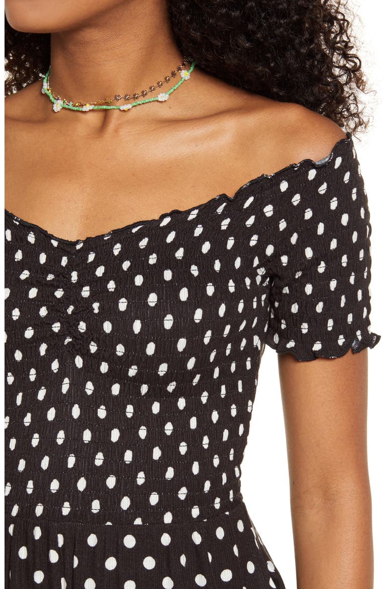 Off the Shoulder Smocked Rib Romper, Alternate, color, BLACK SUMMER DOT