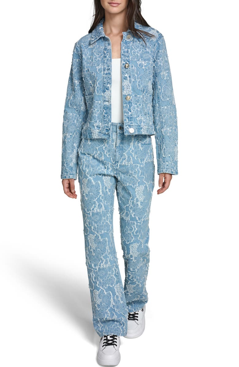 KARL LAGERFELD PARIS Floral Jacquard Denim Jacket, Alternate, color, Sky Blue