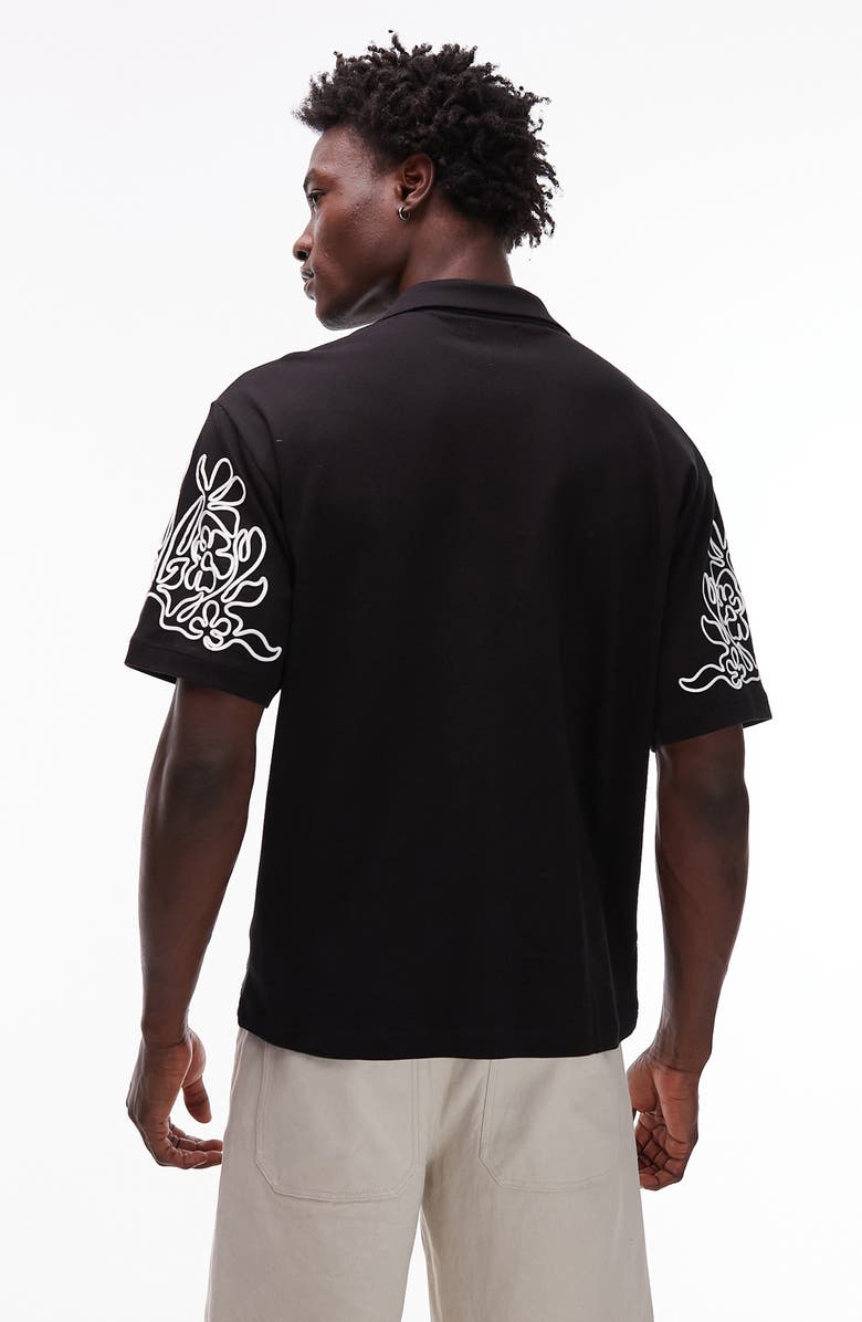 Topman Embroidered Oversize Cotton Jersey Camp Shirt, Alternate, color, Black