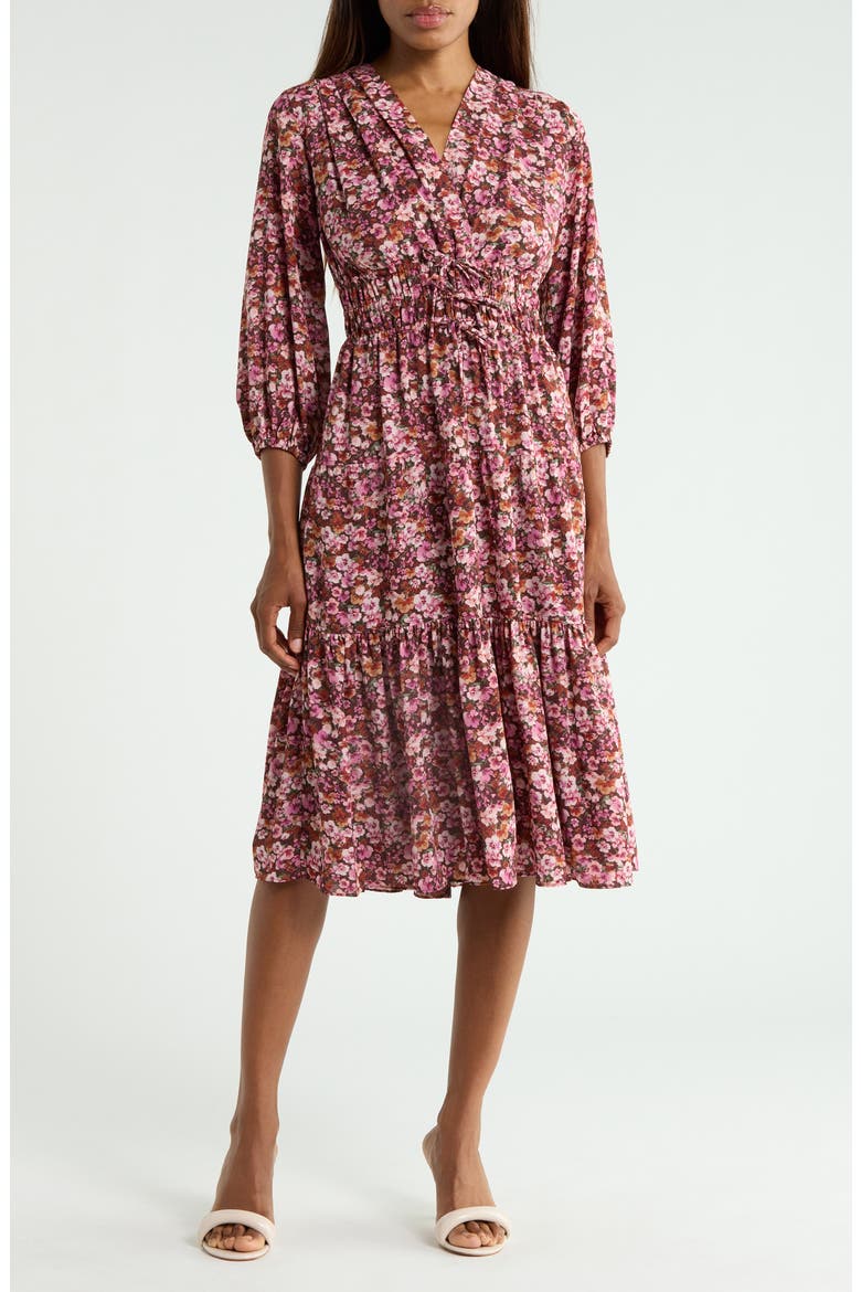Elsa Printed Long Sleeve Midi Dress, Main, color, BURGUNDY MINI FLORAL