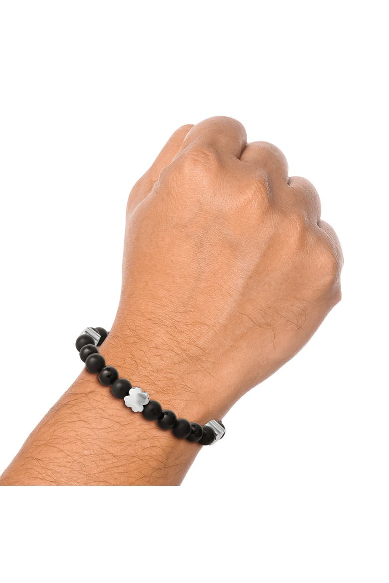 Black Onyx 4 Piece Clover Beaded Elastic Bracelet, Alternate, color, black, white